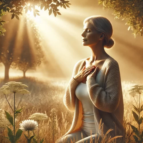 DALL·E 2024-11-02 15.04.31 - A serene and realistic scene of a middle-aged woman in a peaceful natural setting, such as a sunlit garden or open field at sunrise or sunset. The wom